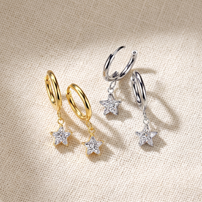 Surgical Steel Huggie Hoop Earrings with Star CZ Dangles (Pair)