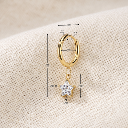 Surgical Steel Huggie Hoop Earrings with Star CZ Dangles (Pair)