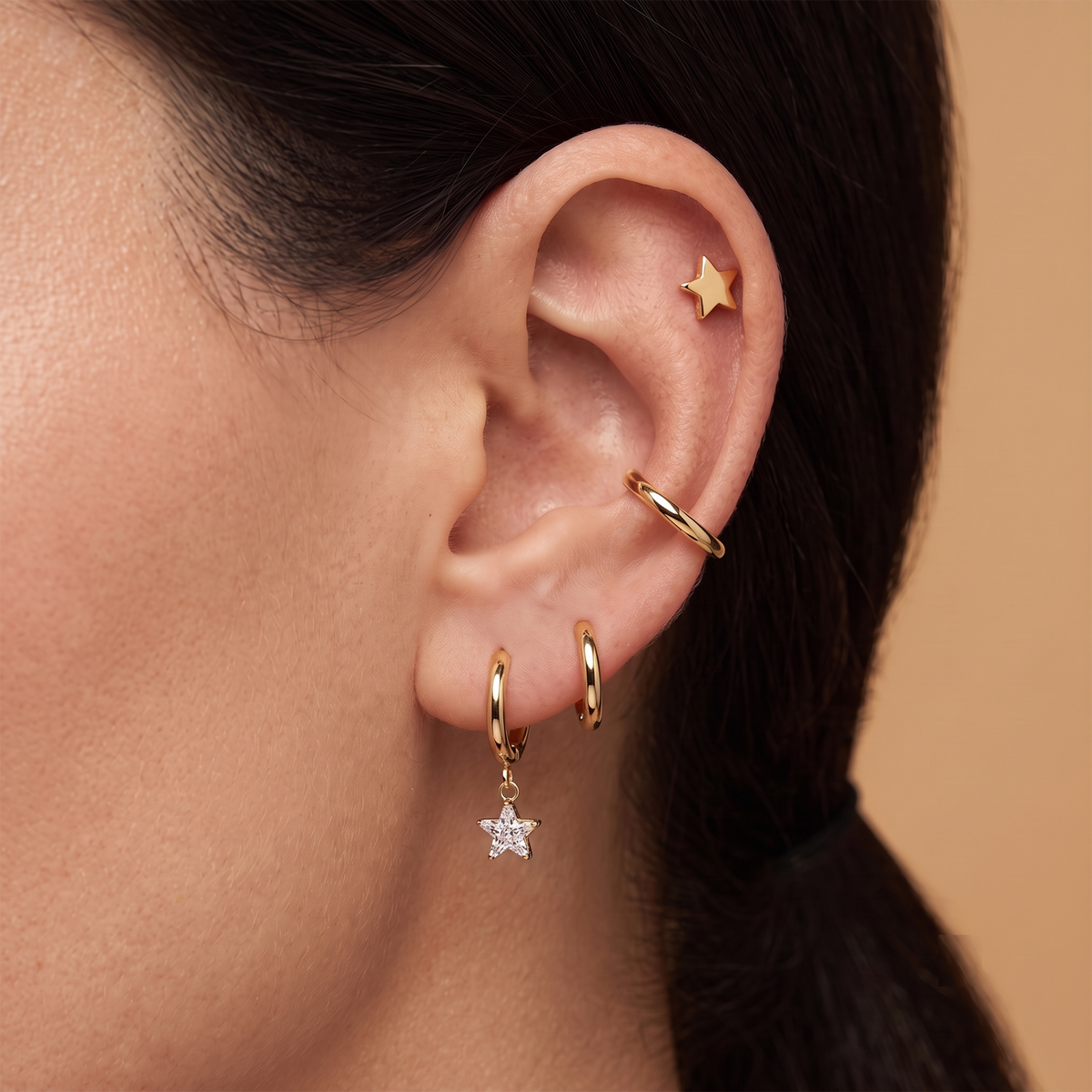 Surgical Steel Huggie Hoop Earrings with Star CZ Dangles (Pair)