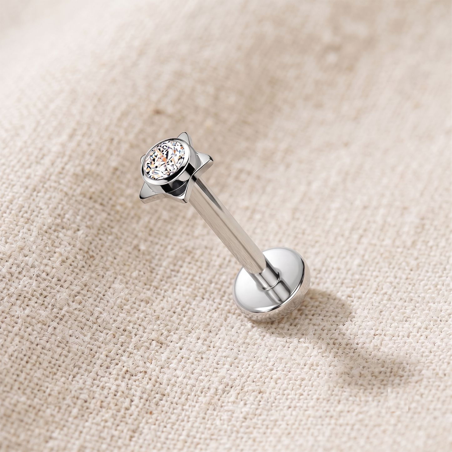 Titanium Star Bezel CZ Threadless Flat Back Stud