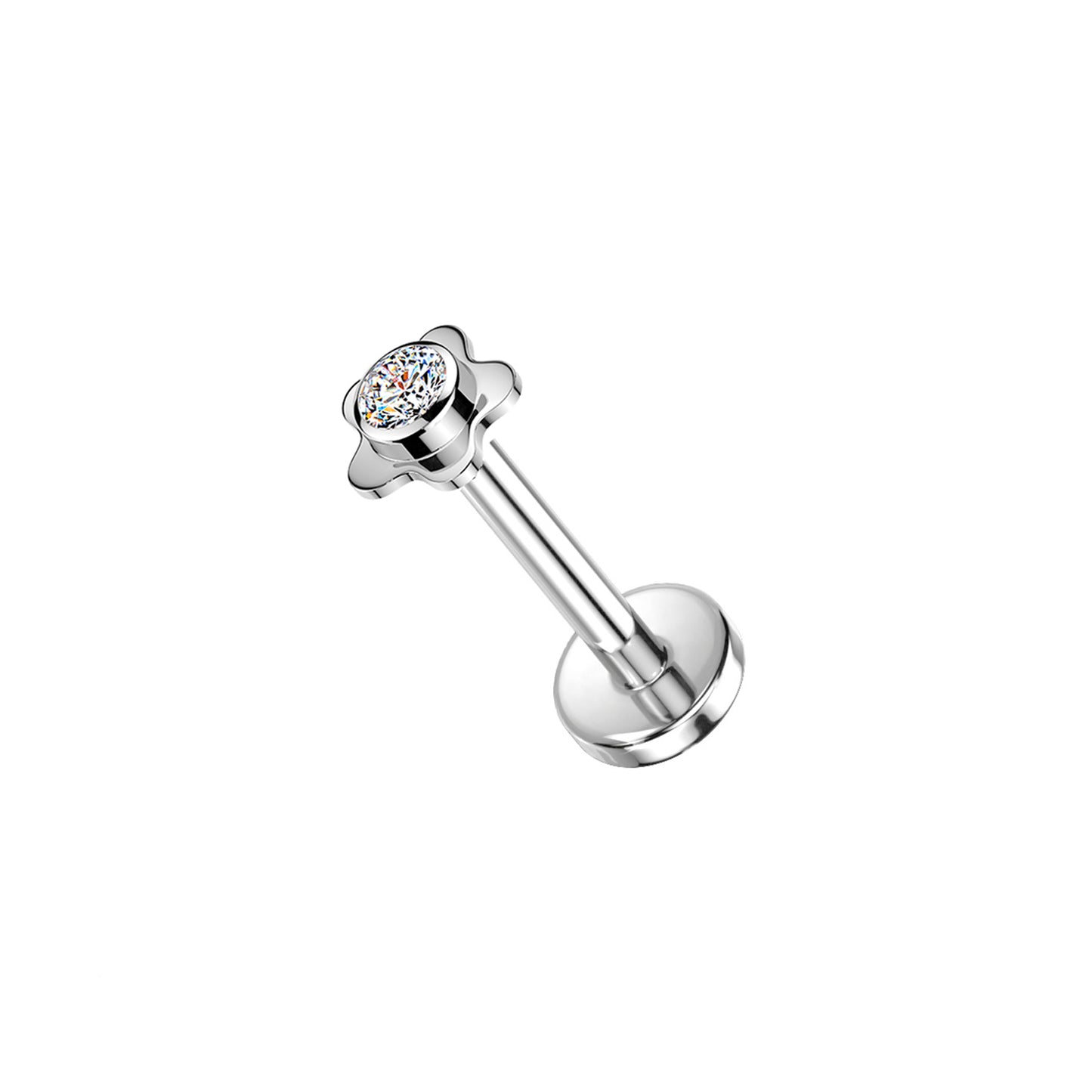 Titanium Flower Bezel CZ Threadless Flat Back Stud