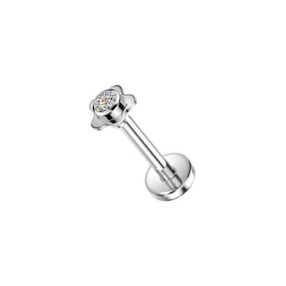 Titanium Flower Bezel CZ Threadless Flat Back Stud