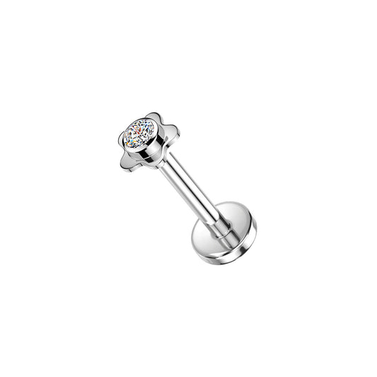 Titanium Flower Bezel CZ Threadless Flat Back Stud