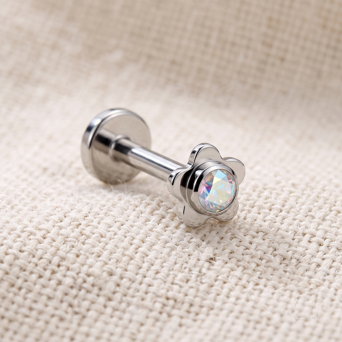 Titanium Flower Bezel CZ Threadless Flat Back Stud
