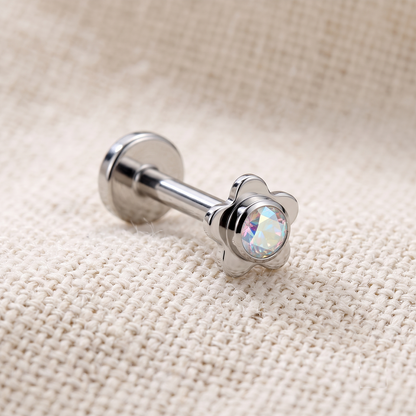 Titanium Flower Bezel CZ Threadless Flat Back Stud