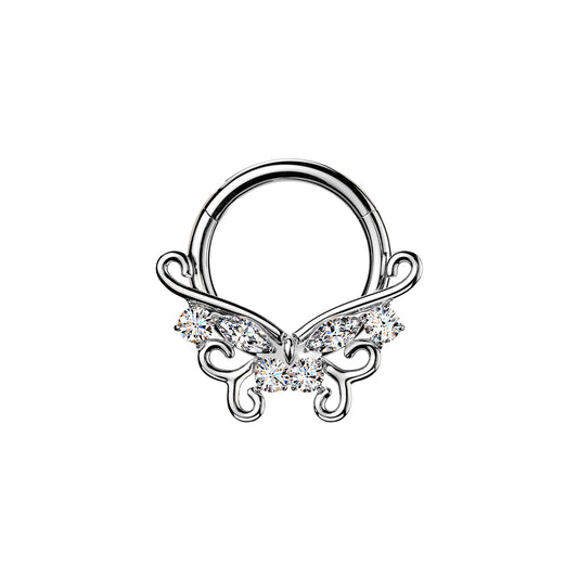 Titanium Hinged Hoop Ring With CZ Filigree Butterfly
